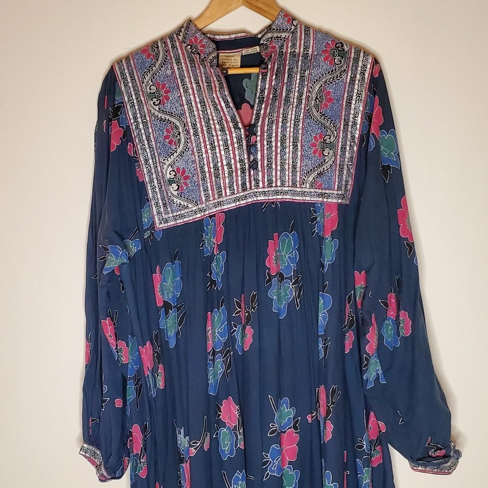 Night Spirits Navy Pink and Silver Floral Long Sleeve Indian Hippie Folk Dress - Picture 5 of 9